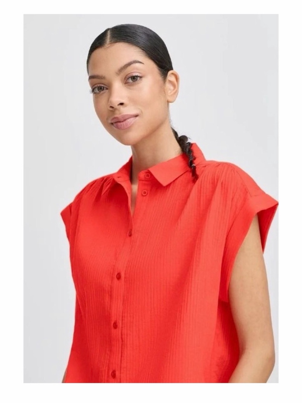 Cap-Sleeve Button Front Women's Top in Bright Red
